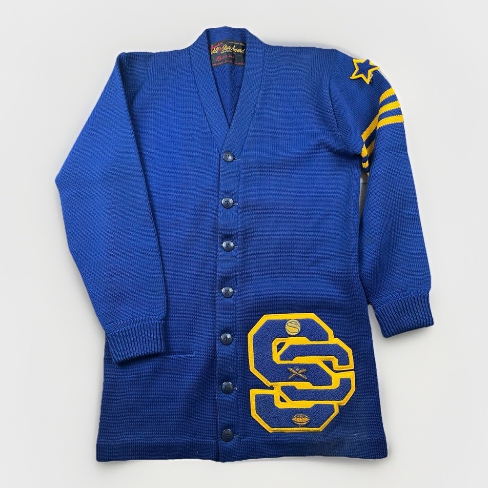 VTG '50s All Star Award Varsity Wool Letterman Cardigan Blue Southern California